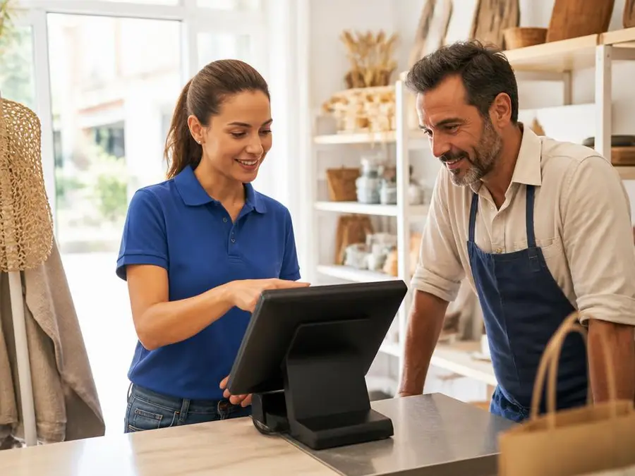 Conseiller ECR Digiteck accompagnant un commerçant devant une caisse enregistreuse tactile en région PACA