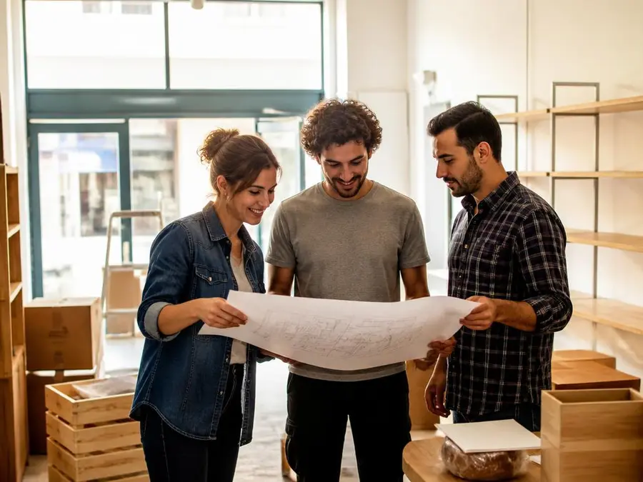 Jeune couple de commerçants qui prépare l'aménagement de sa future boutique avec un conseiller, cartons et étagères vides