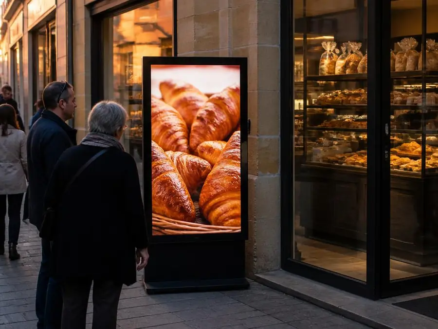 Stop-trottoir digital lumineux devant la vitrine d'une boulangerie, des passants s'arrêtent pour regarder l'écran