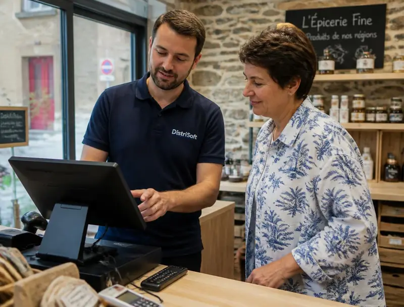 Technicien ECR Digiteck en intervention sur une caisse enregistreuse dans un commerce
